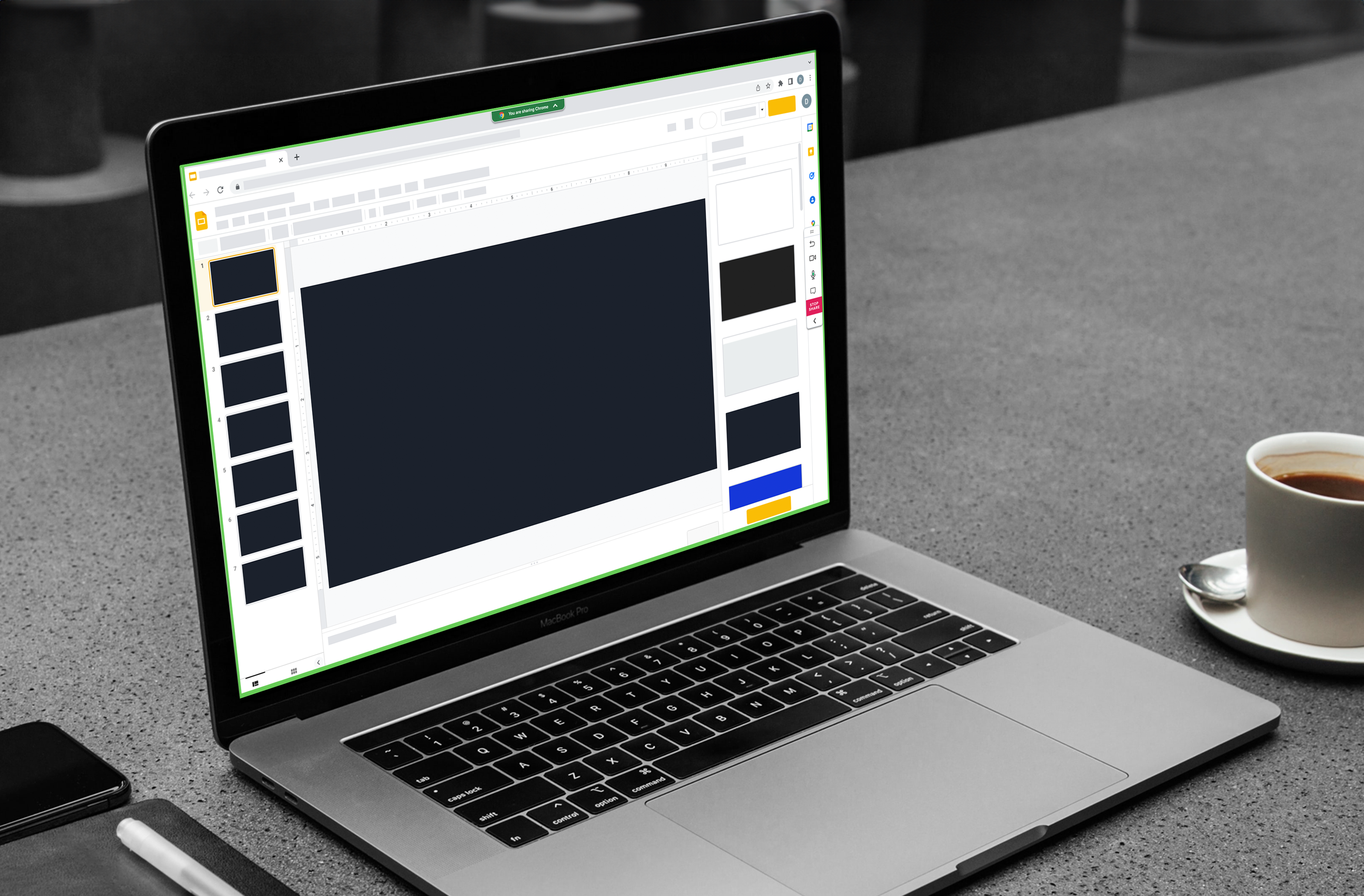 mockup of macbook pro with BlueJeans screenshare controls in focus mode for single screen use