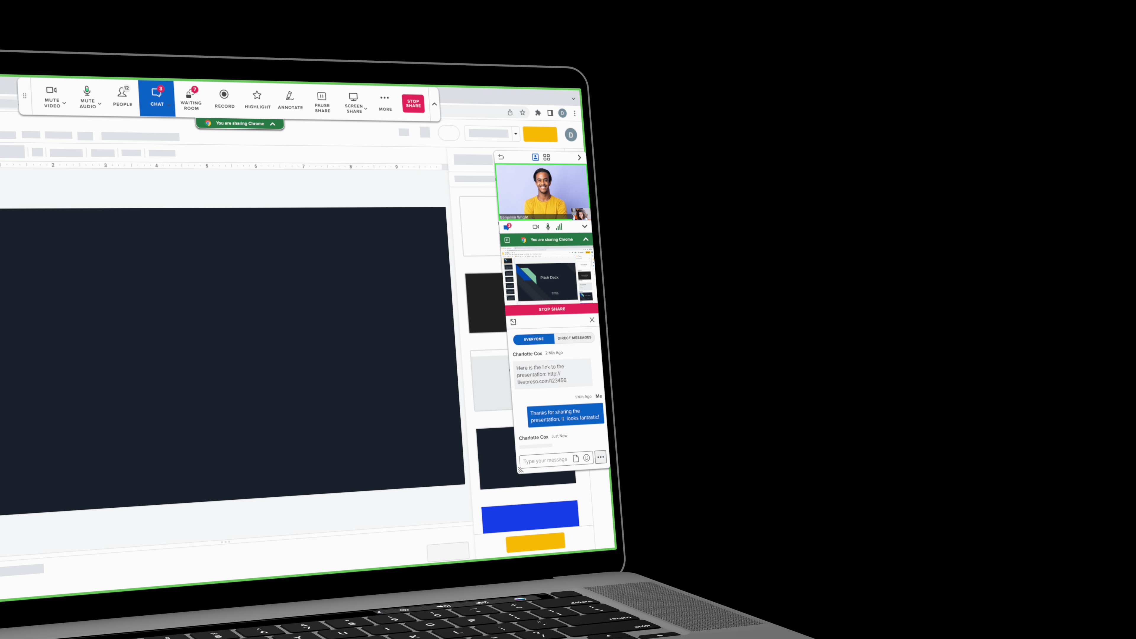 macbook showing closeup interface of BlueJeans screensharing controls with the chat window open