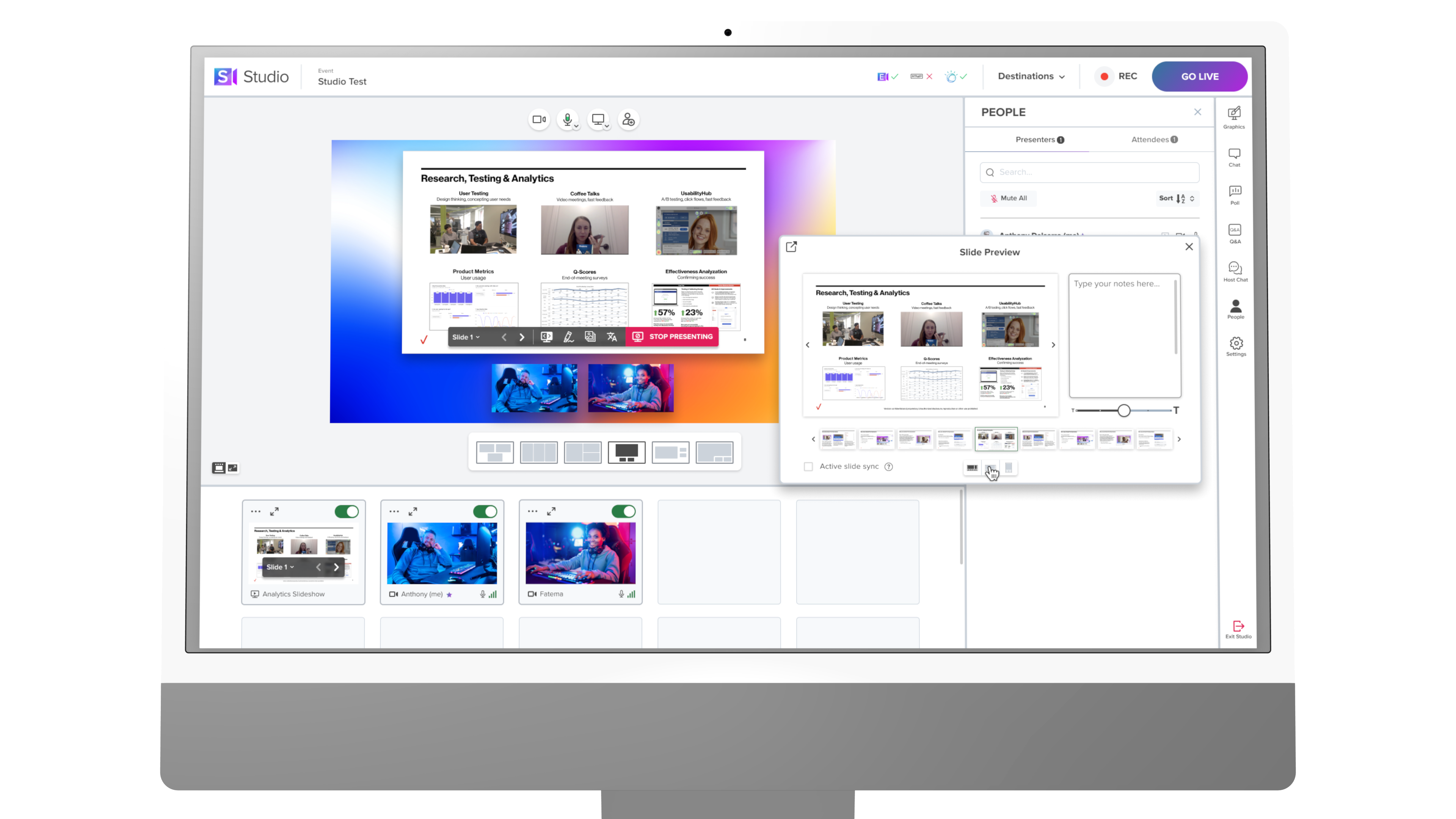 iMac mockup of BlueJeans studio slide preview interface
